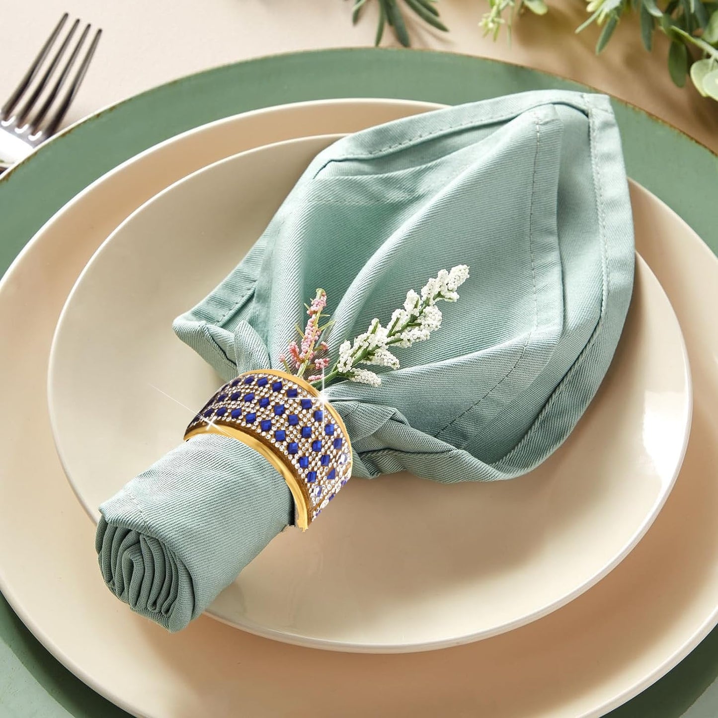 Rhinestone Napkin Ring Gold Napkin Rings Stainless Steel Blue Crystal Napkin Holder Set of 12 for Dinner, Wedding, Party, Holiday, Banquet,Everyday Table Setting Home Decor