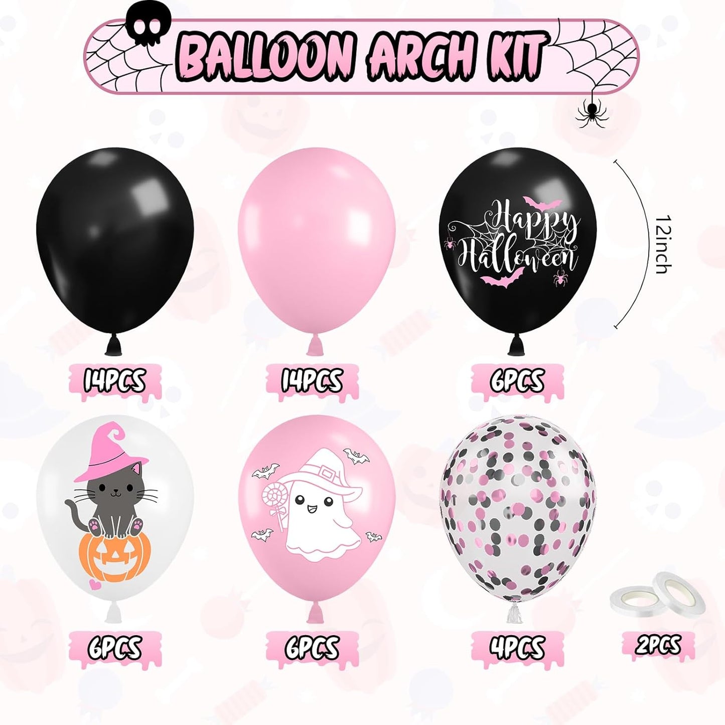 Halloween Balloons, 52 PCS Pink Black Halloween Balloons with Pumpkin Cat, Ghost Printed Balloon, Pink Black Confetti Latex Balloon for Ghost Party Decorations