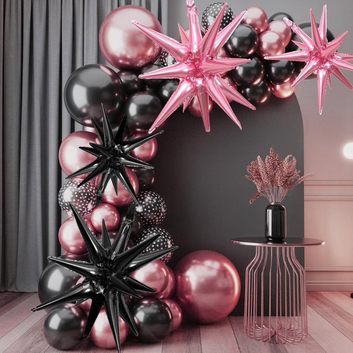 Pink Black Star Balloons,9Pcs 22Inch Black and Pink Explosion Spike Cone Helium Polyester Film Star Foil Balloons for Birthday Anniversary Baby Shower Disco Party Decorations