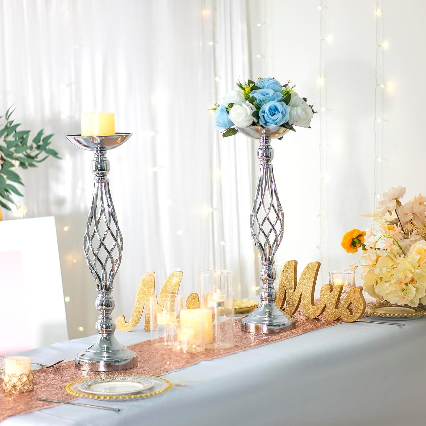 LANLONG 10pcs Metal Silver Candle Holders Road Lead Table Centerpiece Stand Pillar Candlestick for Wedding Candelabra Flowers Vases