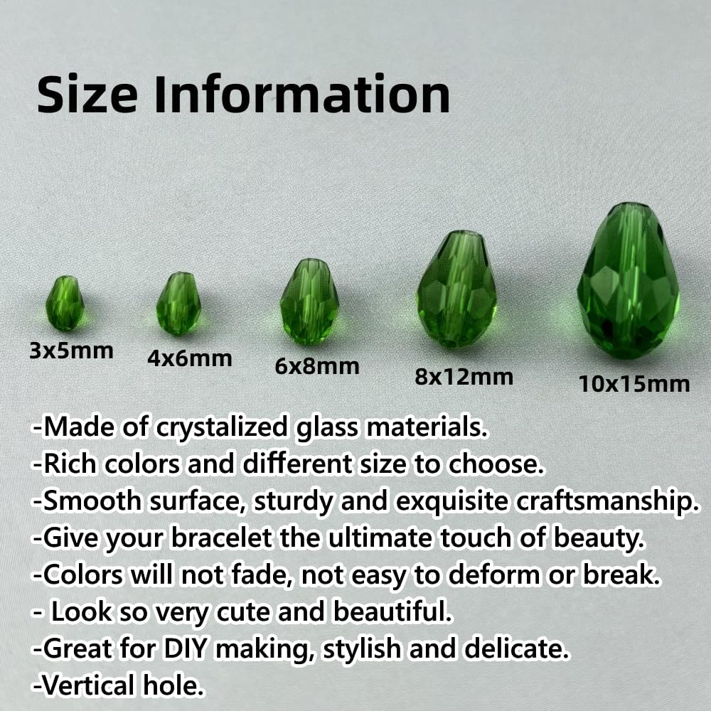 100pcs 8x12mm Teardrop Crystal Glass Beads for Jewelry Making, Faceted Vertical Hole Teardrop Glass Spacer Beads for Wind Chimes Bracelet Earring Necklace DIY Craft(Grass Green)