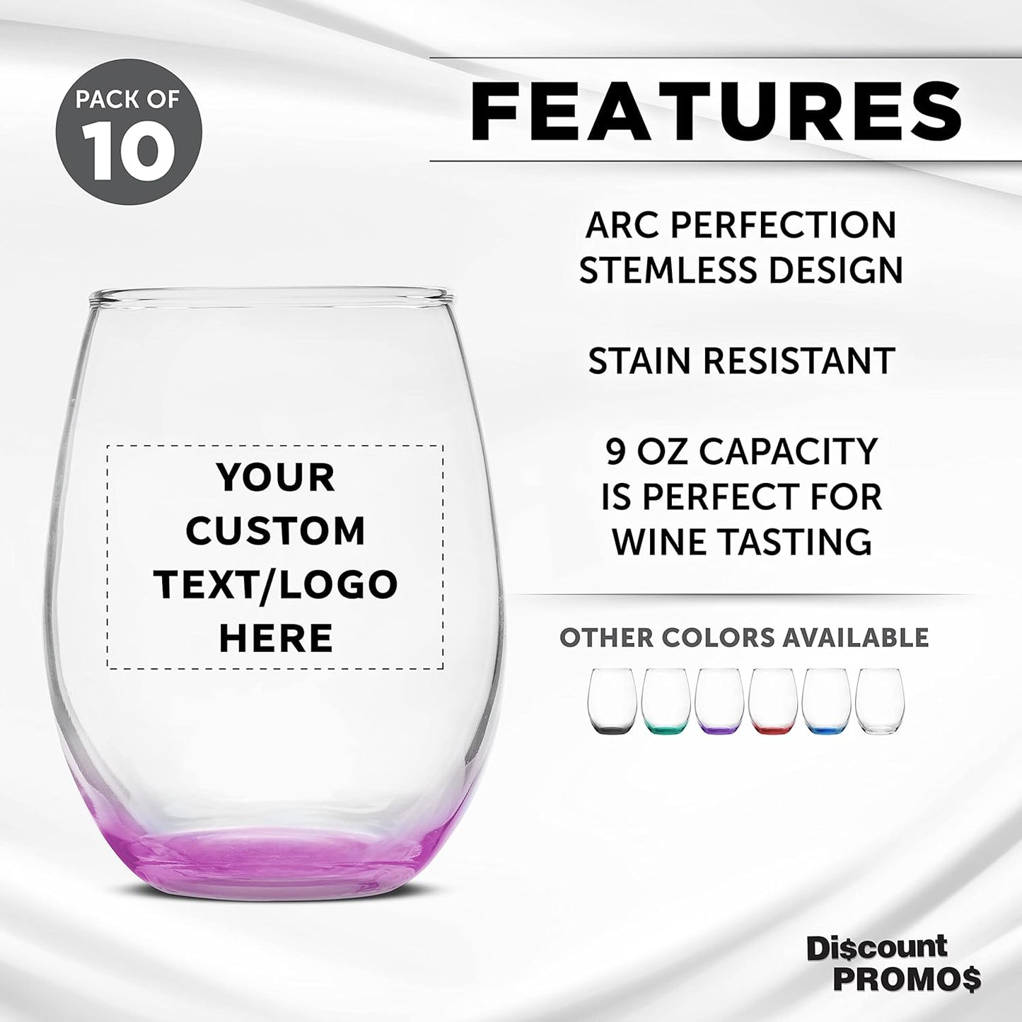 Custom Stemless Wine Glass 9 oz. Set of 10, Personalized Bulk Pack - Great for Wedding Favors, Bachelorette Party Decorations, Party Favors, Color Bottom - Pink