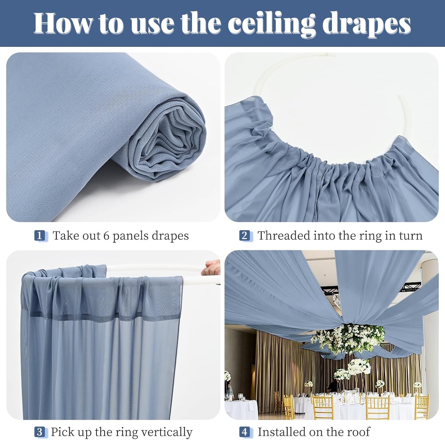 6 Panels Dusty Blue Wedding Drapes 5ftx10ft Chiffon Fabric Arch Draping Sheer Curtains Soft Drapery Wedding Ceiling Decorations for Party Ceremony Stage Swag