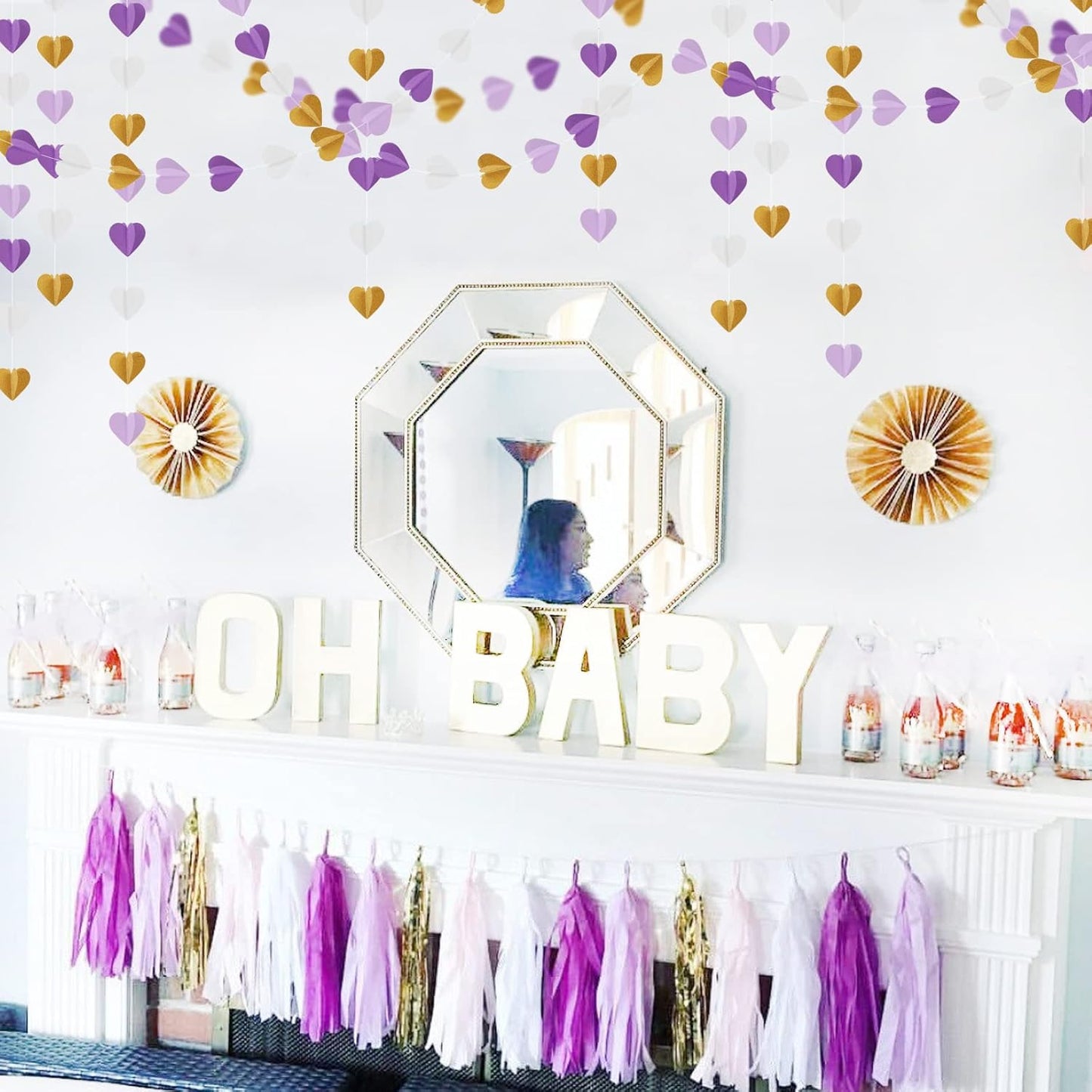 Purple-Gold Party-Decorations 3D Heart Garland - 39Ft White Purple Lavender Graduation Hanging Paper Streamers Banner, Women Birthday Wedding Engagement Baby Bridal Shower Decor Ouruola