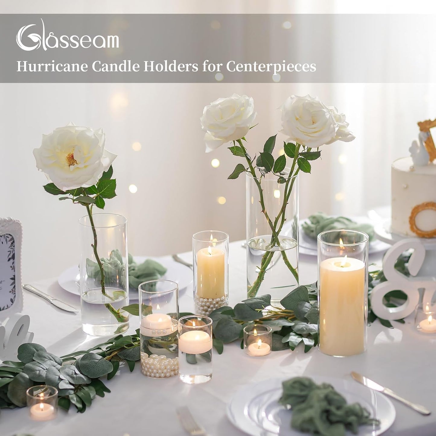 Glasseam Cylinder Vases Set of 12, Hurricane Candle Holder Clear Assorted Sizes, Modern Glass Cylinder Vase, Glass Vases for Centerpieces for Home Decor Wedding Centerpieces, Events, 6''+7.8''+10''