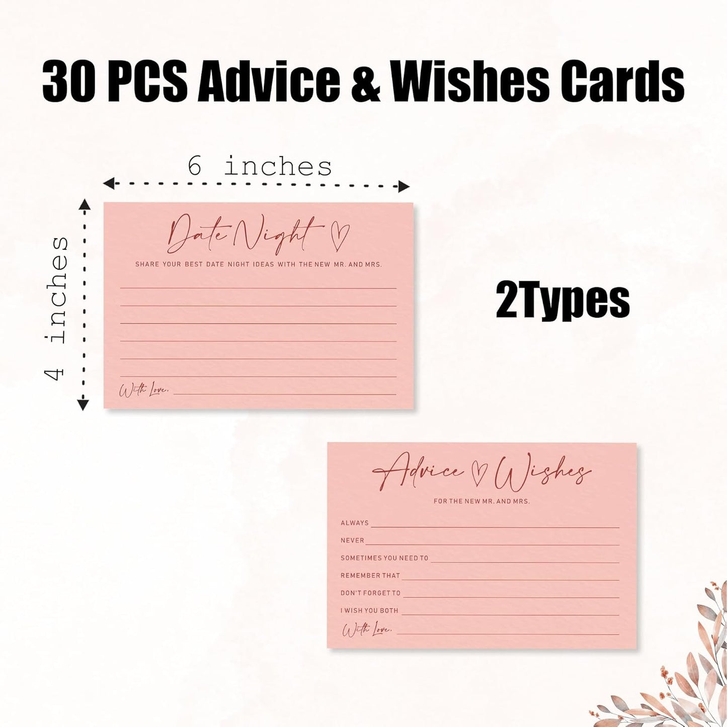 Advice & Wishes Card Set - Minimalism Pink - 15 Advice & Wishes Cards & 15 Date Night Cards Cards For New Couple, Newlyweds, Engagement, Wedding Party Favor & Supplies - B04