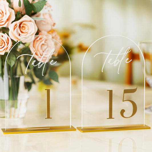 Arch Wedding Table Numbers 1-15 with Stands, Elegant Gold Number 5.5 x 7” Arch Acrylic Signs with Holder, Clear Acrylic Table Numbers for Wedding Reception, Anniversary, Party, Events