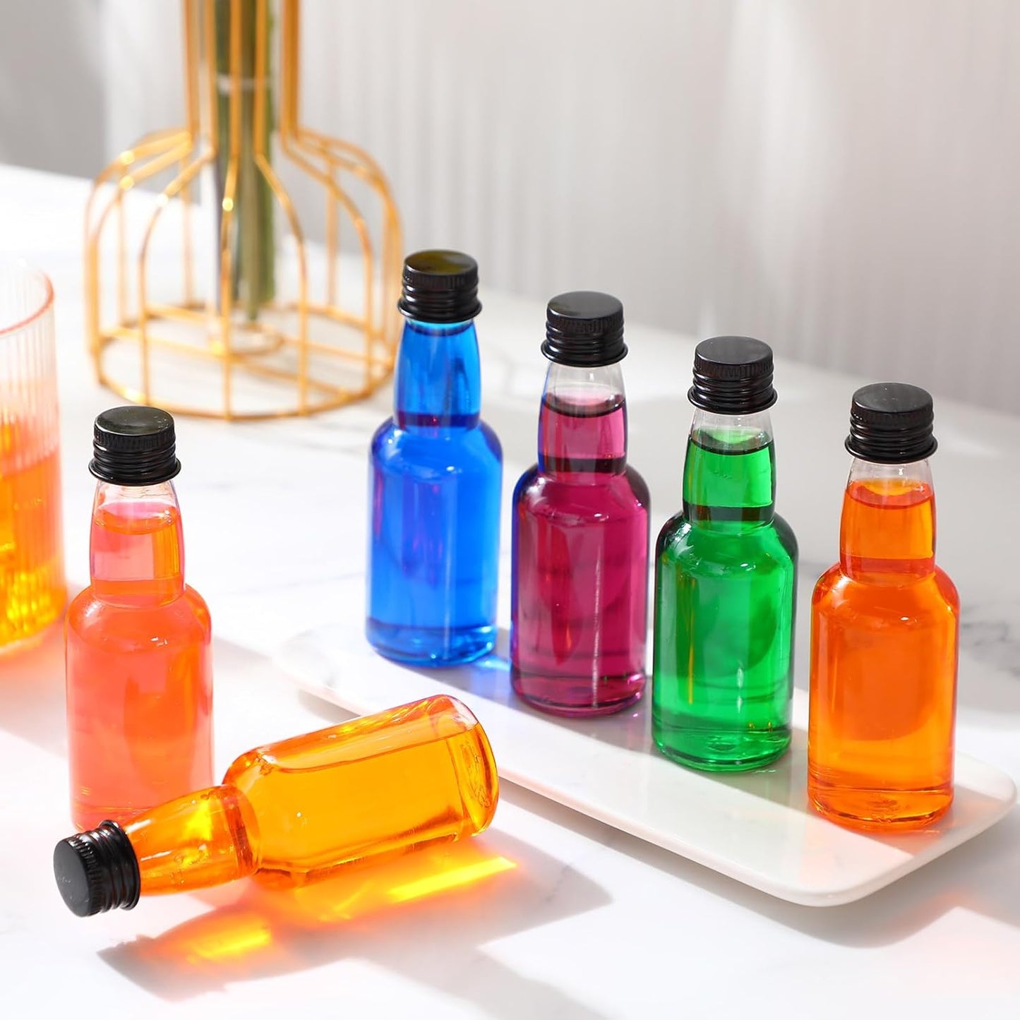 120 Pcs Mini Liquor Bottles Airtight Shot Miniature Empty Plastic Alcohol Spirit Shot Bottles with Funnels for Party Favors, Weddings(2 oz,Black)