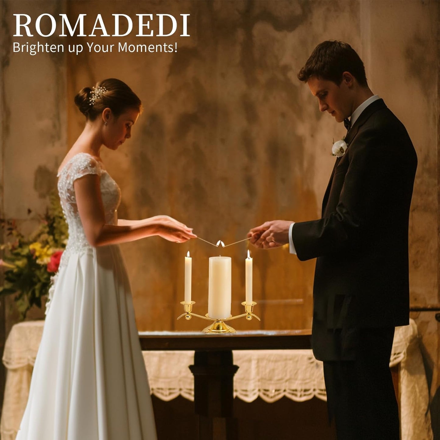 Unity Candle Holder for Wedding Ceremony Set - Romadedi 3 Arm Metal Gold Candle Stand for Pillar Taper Candlestick Unity Candles Centerpiece Decor Bride Reception Anniversary Decoration Gift