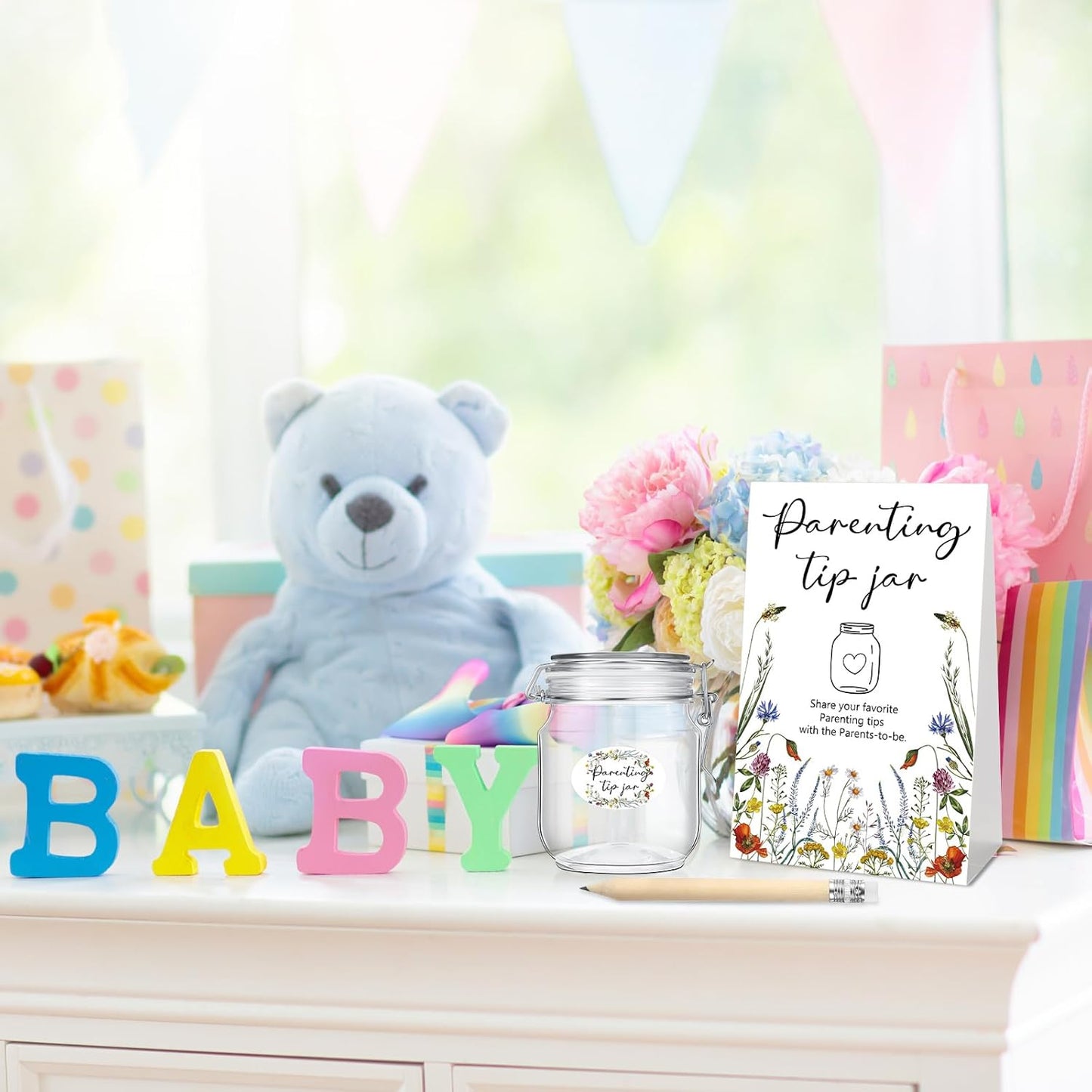 Roowest Baby Shower to Baby Advice Cards for New Parents to Be - Tip Jar Sign for New Parents 60 Parenting Advice Cards 10 HB Pencils 2 Cute Stickers 1 Pet Bottle for Guests Games(Wild Flower)