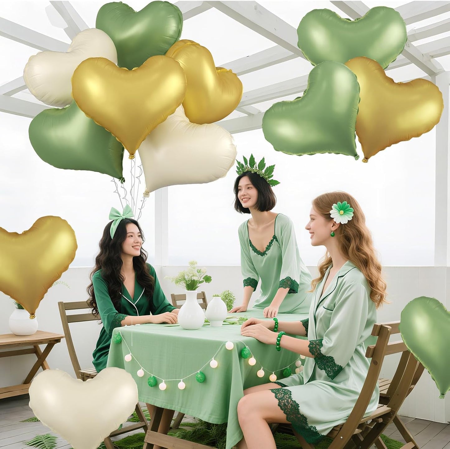 Green Gold White Heart Balloons,24Inch Large Heart Foil Balloons for Valentine's Day Birthday Wedding Baby Shower Anniversary Party Decorations