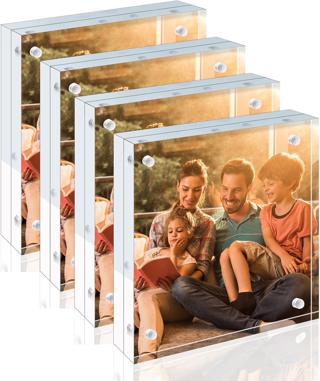 Egofine 4x4 Acrylic Frames 4 Pack, 20mm Thicker Frameless Clear Picture Frames, Double Sided Magnetic Picture Frames, Free Standing Desktop Display