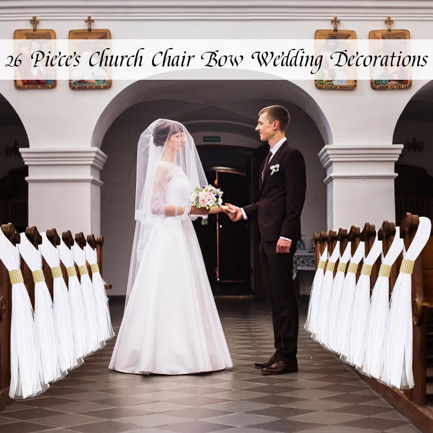 Large White Pew Bows Tulle Wedding Aisle Chair Decorations, Extended Church Pew Decor Aisle Flowers Runner for Weddings Ceremony Outside Decorations (26, Gold Wrap)