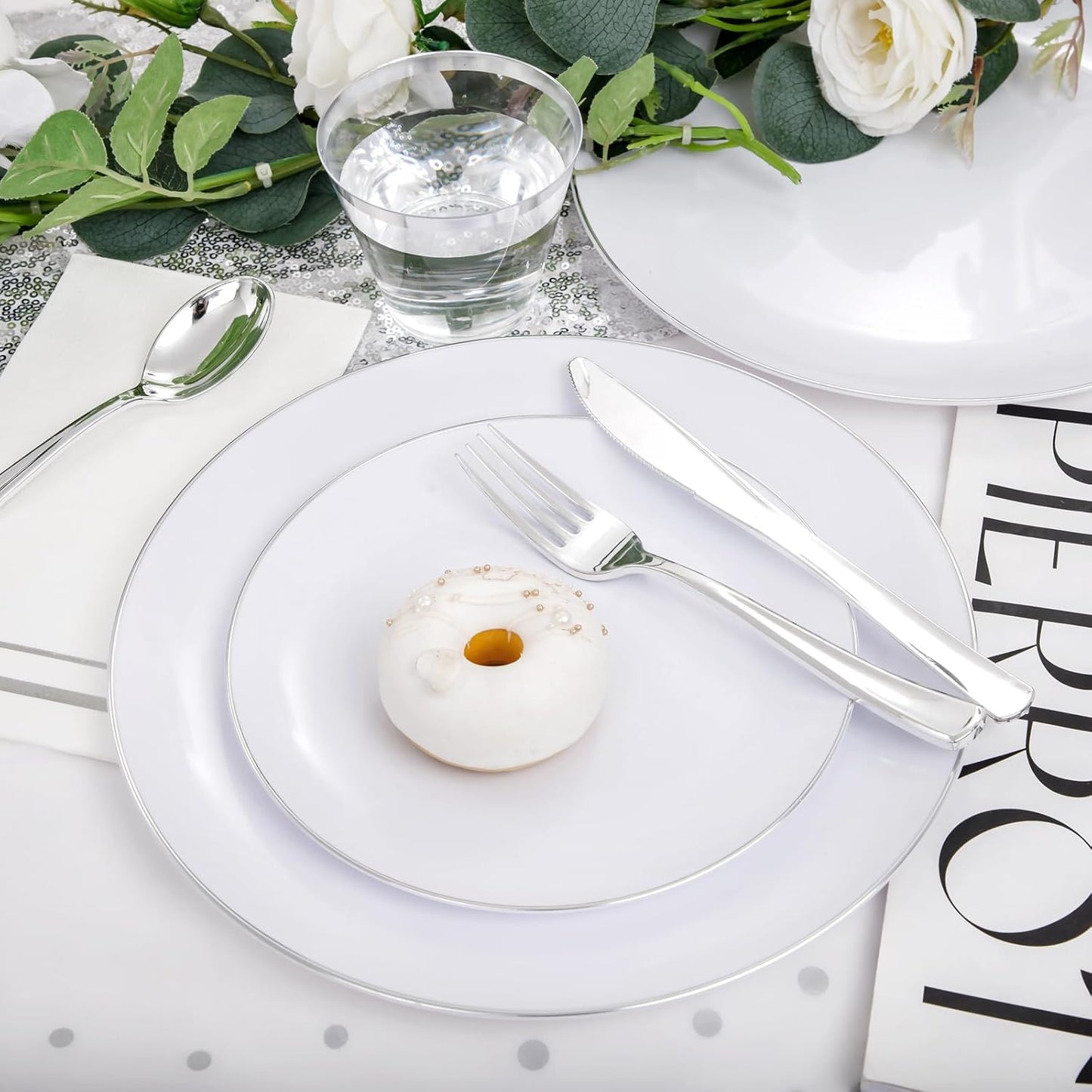 Festiva 176Pcs Silver Plastic Christmas Plates - Party Plates and Cups and Napkins Sets: 25Dinner Plates 25Dessert Plates 25Cups 25 Cutlery 25 Napkins 1Tablecloth for New Year Party&Wedding&Christmas