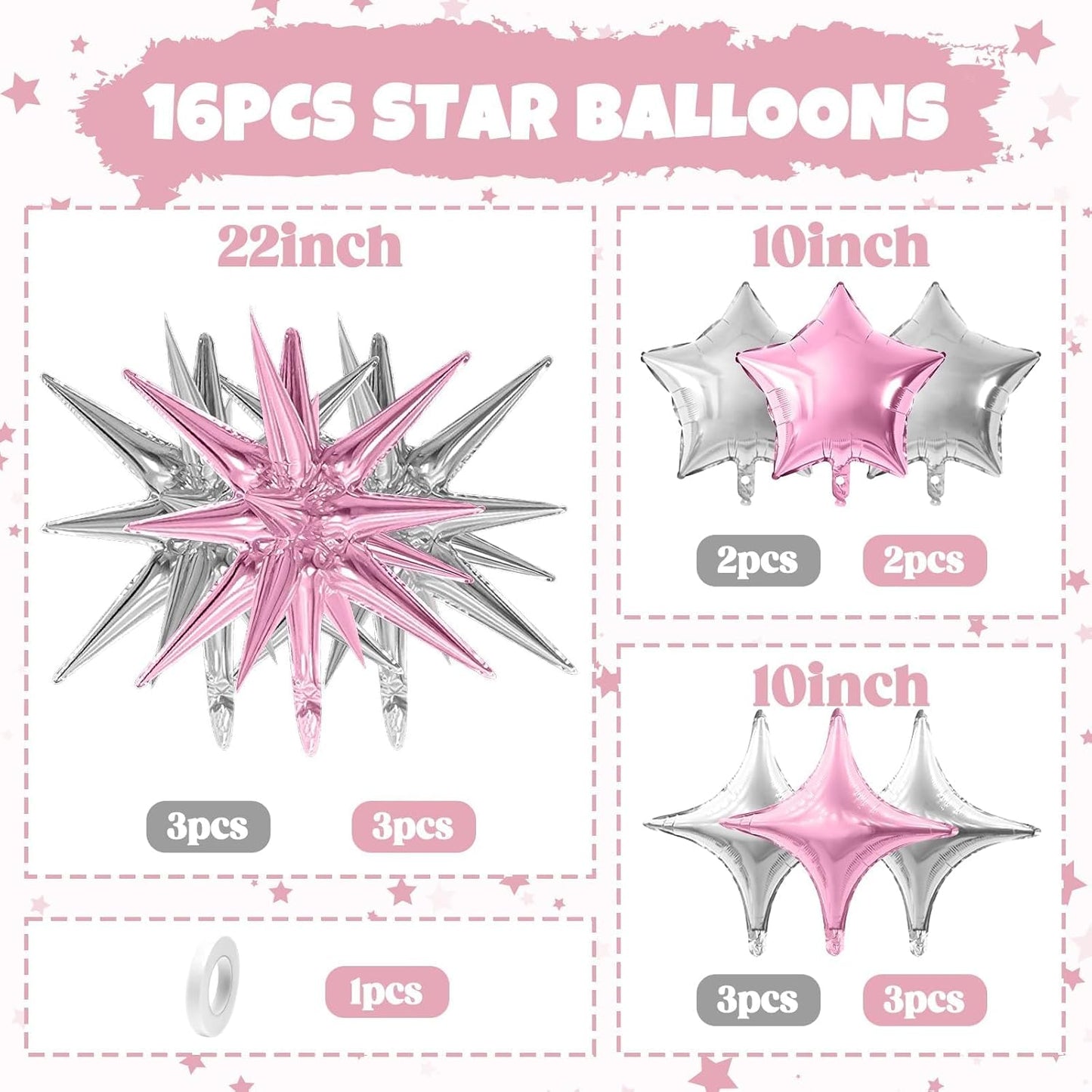 Pink Silver Star Balloon,16Pcs Star Foil Balloons Set with 22Inch Explosion Spike Cone Balloons and 10Inch Quadrangle Helium Balloon for Birthday Wedding Baby Shower Party Decorations