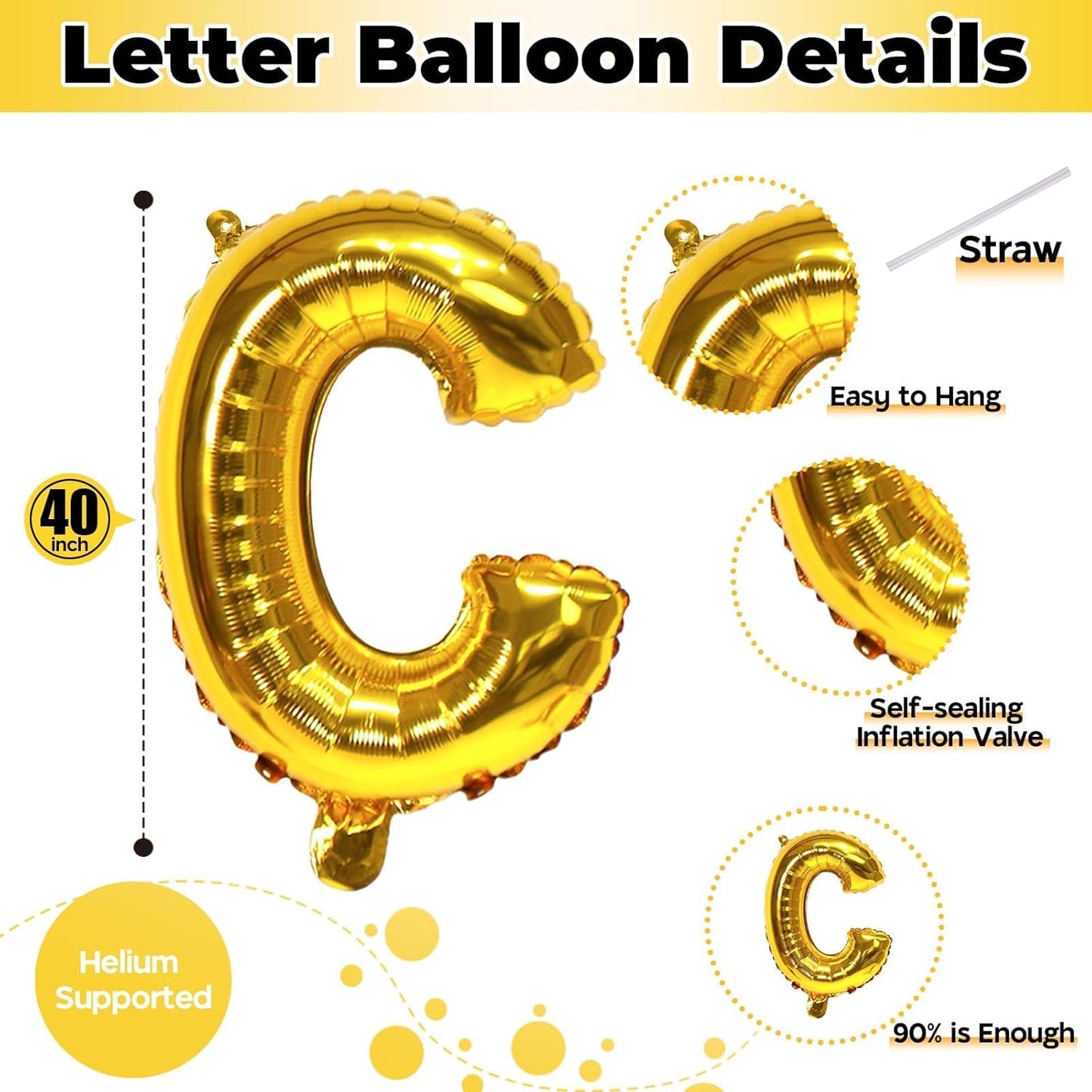 Giant C Alphabet Name Balloon, Gold Self Inflating Custom Letter Balloons Birthday Decor, 40 Inch Helium Mylar Foil Word Balloons Letters for Girls Men Anniversary Party Graduation Decoration Supplies