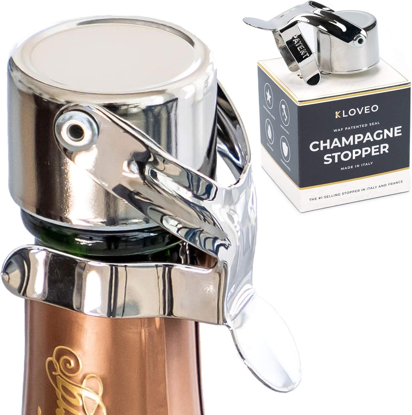 KLOVEO Champagne Stoppers - Patented Seal - Made in Italy - Professional Grade WAF Champagne Bottle Stopper - Prosecco, Cava, and Sparkling Wine Bottle Stopper