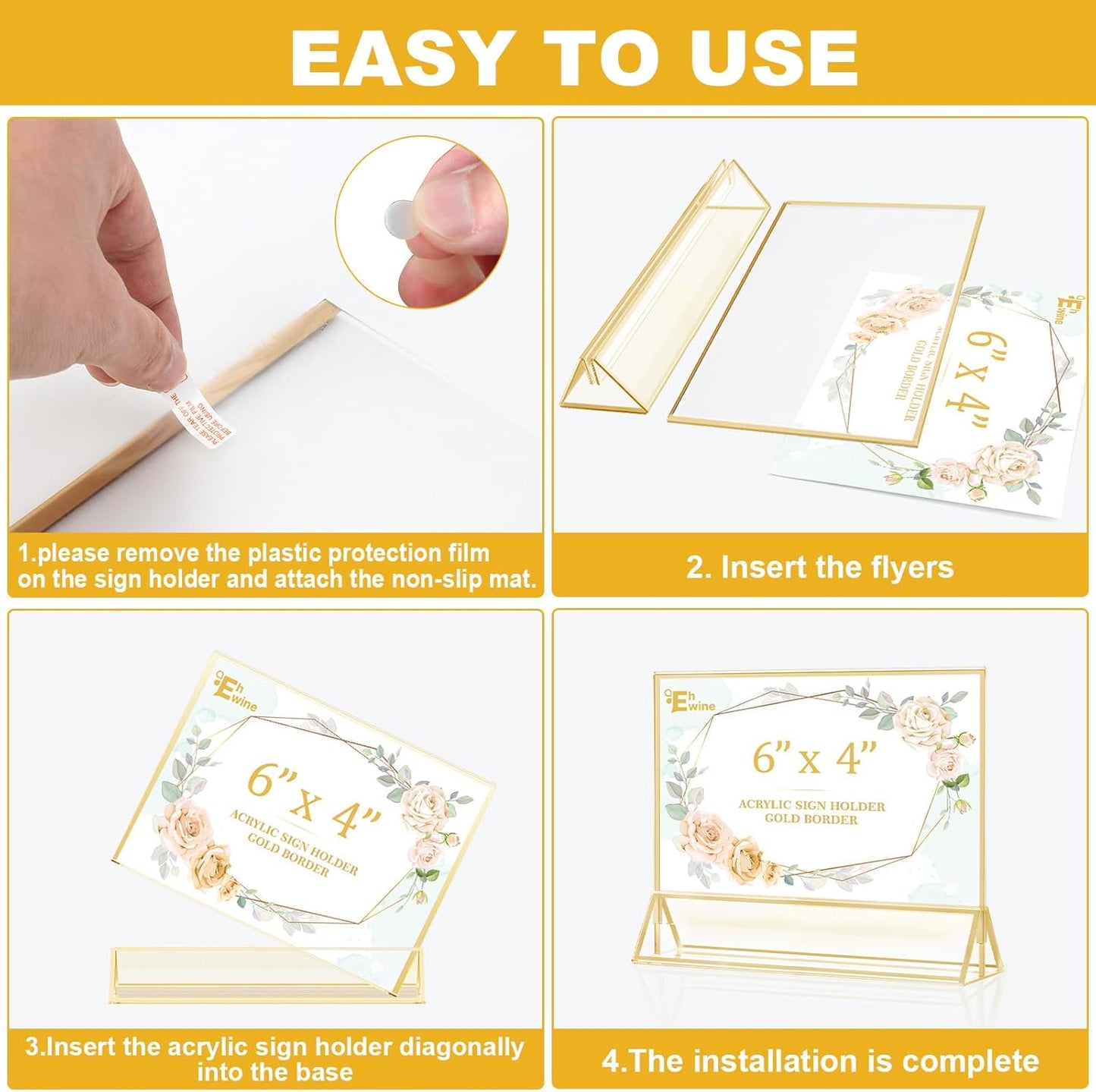 EHWINE 6 Pack Acrylic Sign Holder 4 x 6 Horizontal, Double-Sided Stand up Table Top Sign Holders, Gold Acrylic Picture Frame Menu Flyer Paper Holder Display Stand for Office Business Store Wedding Party