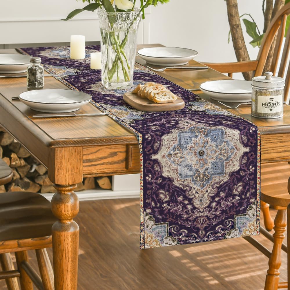 Artoid Mode Boho Bohemia Style Purple Table Runner, Country Rustic Farmhouse Magical Mardi Gras Kitchen Dining Table Decoration for Home Party Decor 13x72 Inch