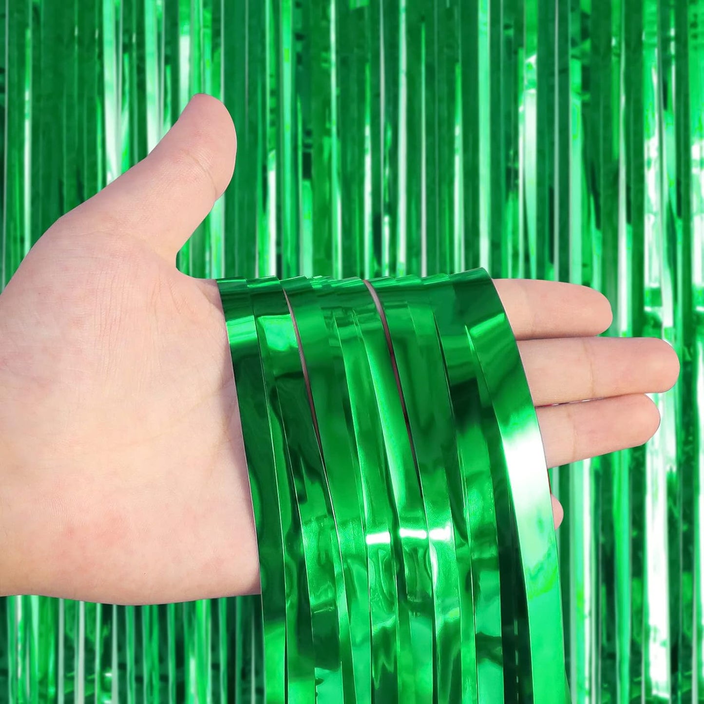 2 Pack Green Fringe Curtains Foil Shiny Fringe Backdrop Tinsel Door Streamers Foil Curtains for Birthday Wedding Engagement Bridal Shower Celebration Party Decorations Large