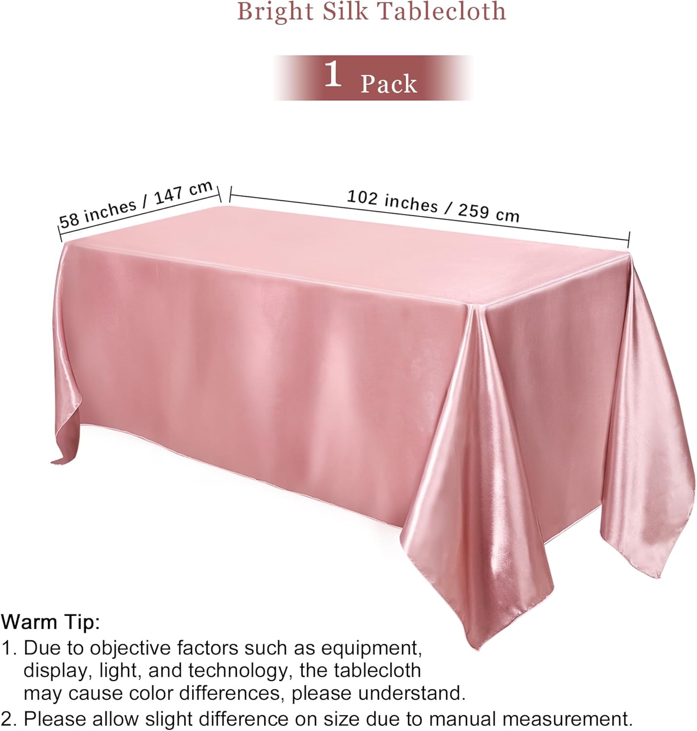 TURSTIN 1 Pack Rose Gold Satin Tablecloth 102 x 58 Inch Overlay Satin Table Cover Rectangle Bright Silk Tablecloth Smooth Fabric Table Decoration for Wedding Banquet Party Events