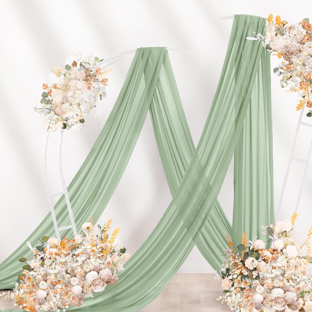 Sage Green Wedding Arch Draping Fabric 2 Panels 29" x 20 FT Wedding Drapes for Backdrop Sheer Green Curtains for Romantic Bridal Baby Shower Ceremony Birthday Party Fall Outdoor Events