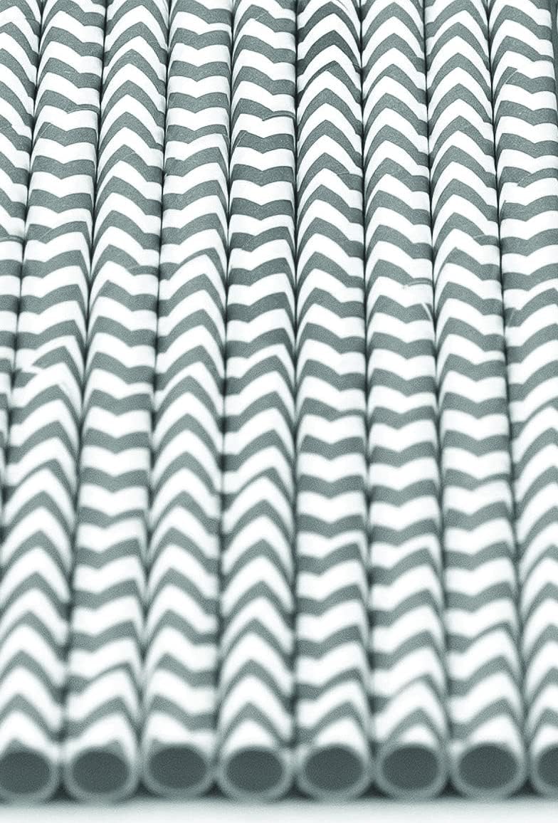 Pack of 900 Gray Chevron Biodegradable 4-Ply Paper Drinking Straws (Compostable, Non-toxic, BPA-free)