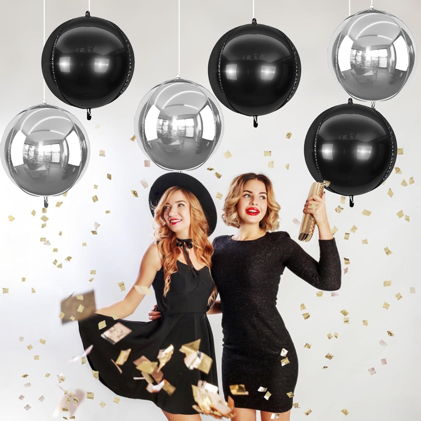 6Pcs Silver Black Round Foil Balloons,Giant 4D Round Ball Balloon,22 Inch Metallic Balloons for Birthday Wedding Graduation Prom Party Decorations