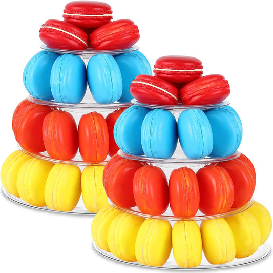 Juexica 2 Pcs Round Macaron Display Tower Stand 4 Tiers Plastic Cake Rack Macaron Wedding Cupcake Display Food Serving Stands Clear Dessert Tower for Wedding Baby Shower Birthday Decoration