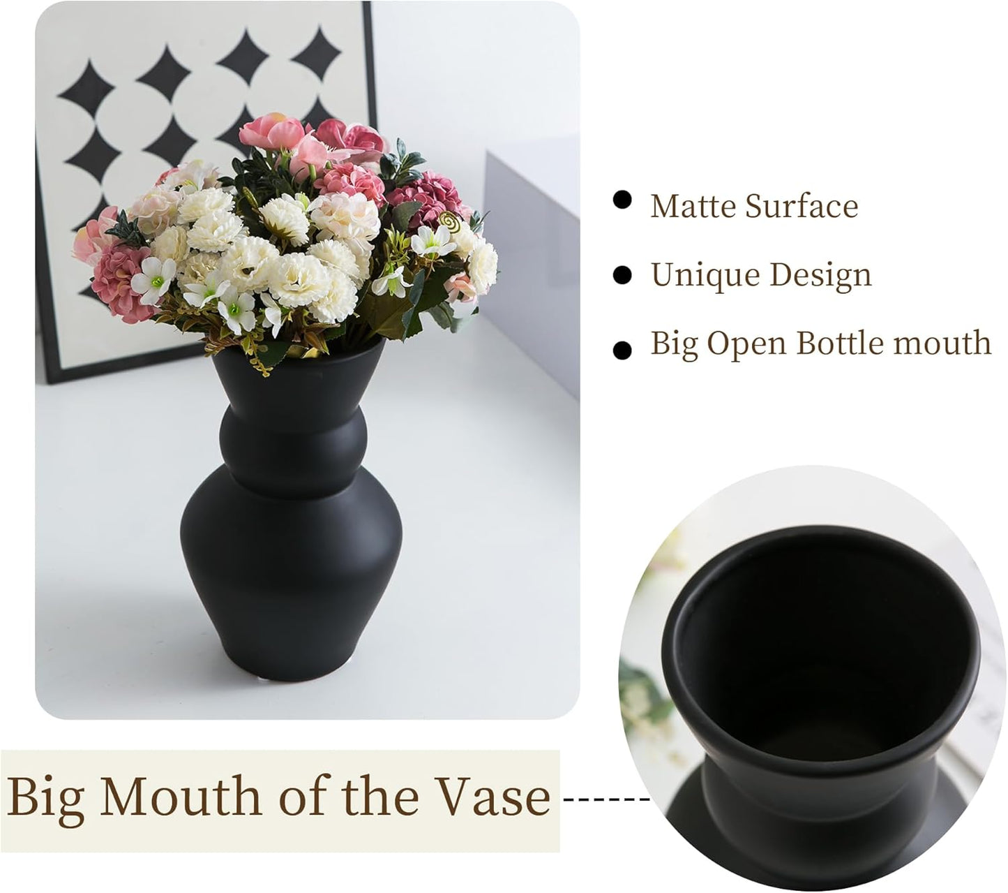 Black Ceramic Vase, Modern Matte Pampas Grass Vases, Boho Big Mouth Vase Home Decor for Centerpiece Wedding Party Living Room Office Bedroom, Housewarming Gift