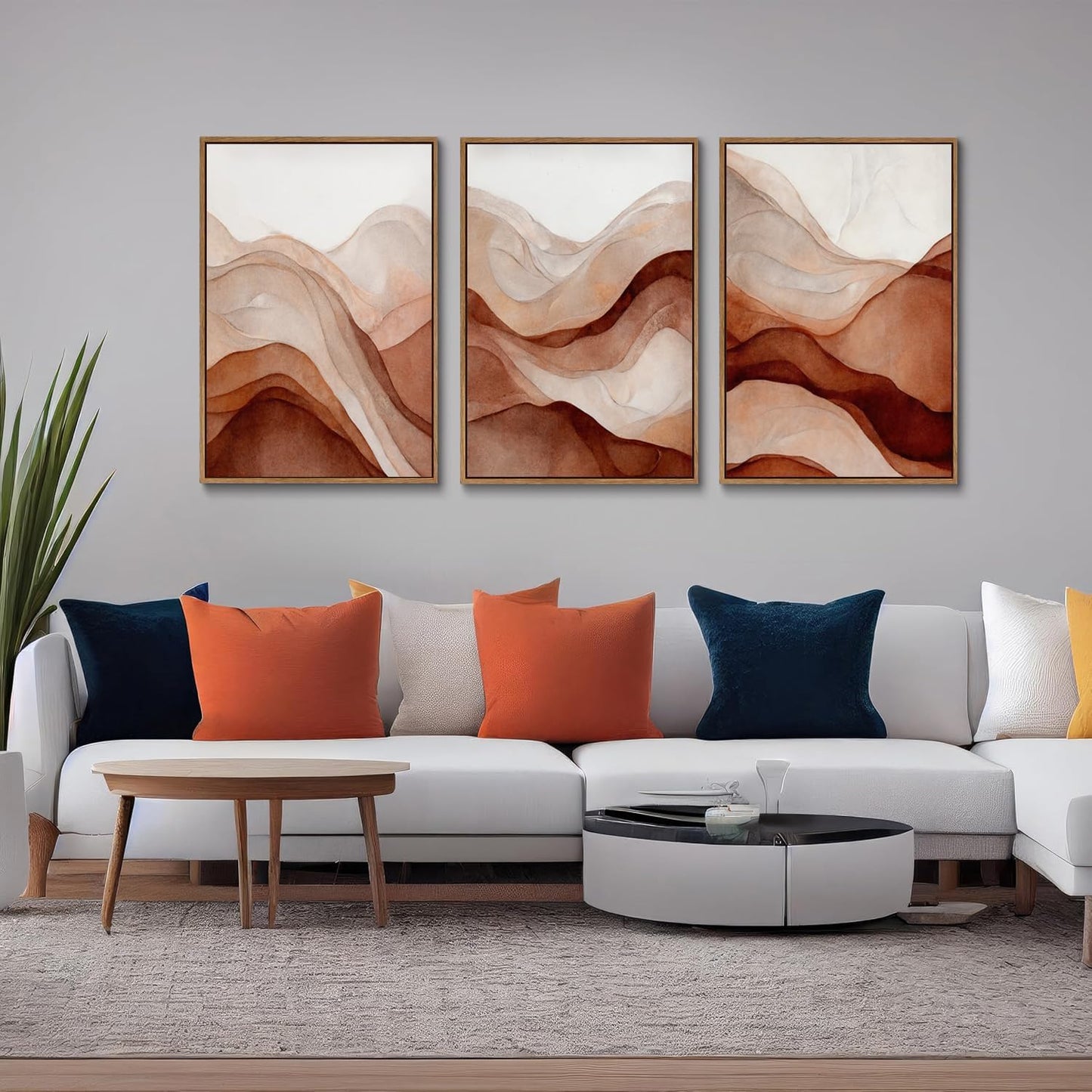 myusuar 3 Piece Large Abstract Framed Wall Art For Living Room, Smoke Texture Ink Warm Brown Terracotta Canvas Wall Art Modern Minimalist Art Prints Wall Décor For Bedroom Office 24x36in