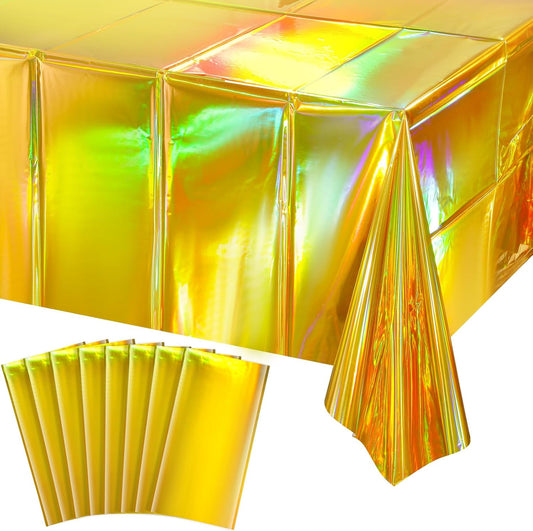 8 Pack Gold Iridescent Plastic Tablecloths Shiny Disposable Laser Rectangle Table Covers Holographic Foil Tablecloth Iridescent Party Decorations Birthday Bridal Wedding Christmas, 54 x 108 Inch