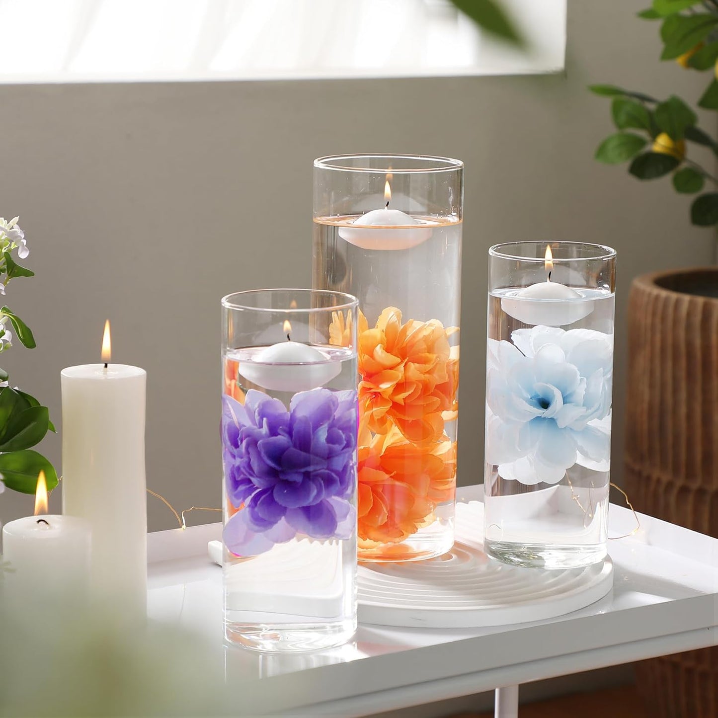 24 Pcs Floating Candles for Centerpieces and Floating Flowers Artificial Flowers Head Vase Filler for Party Home Table Wedding Centerpieces Decoration (Purple)