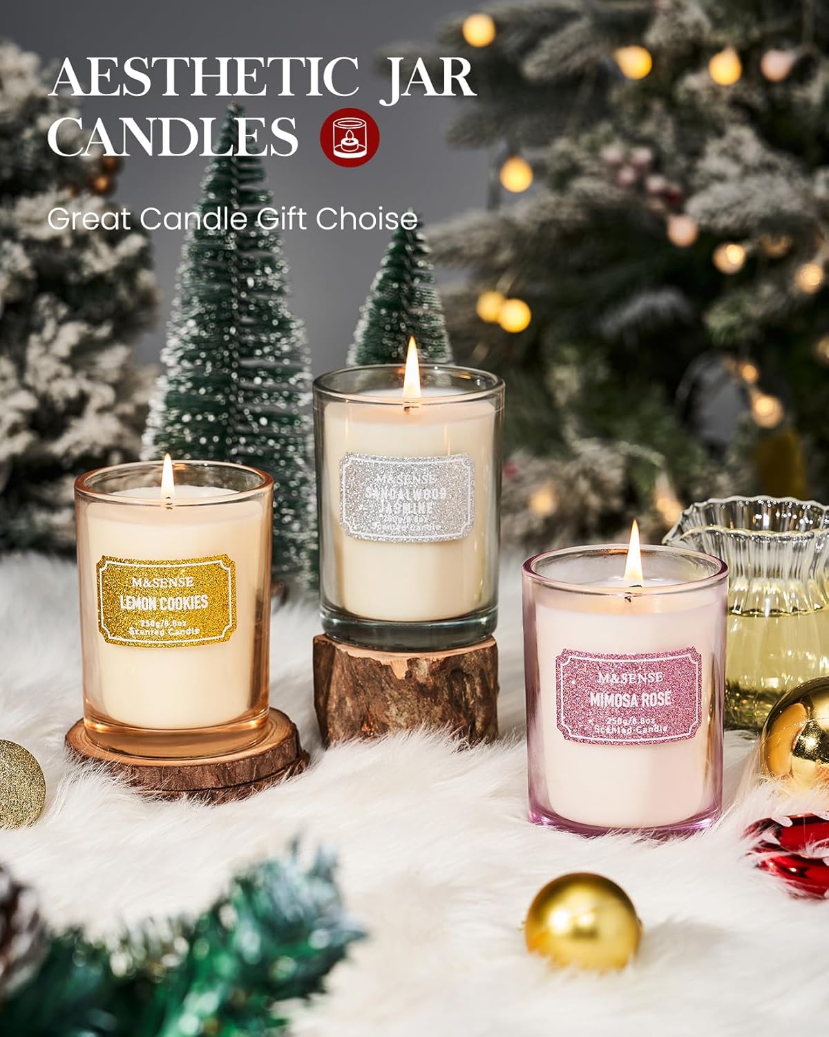 M&SENSE Cinnamon Apple Scented Candles, Classic Size 8.8 oz Glitter Jar Candles, Holiday Candles Gifts for Women, Strong Scented Natural Soy Candle For Winter Home Decor, 50 Hours Long Burning Candles