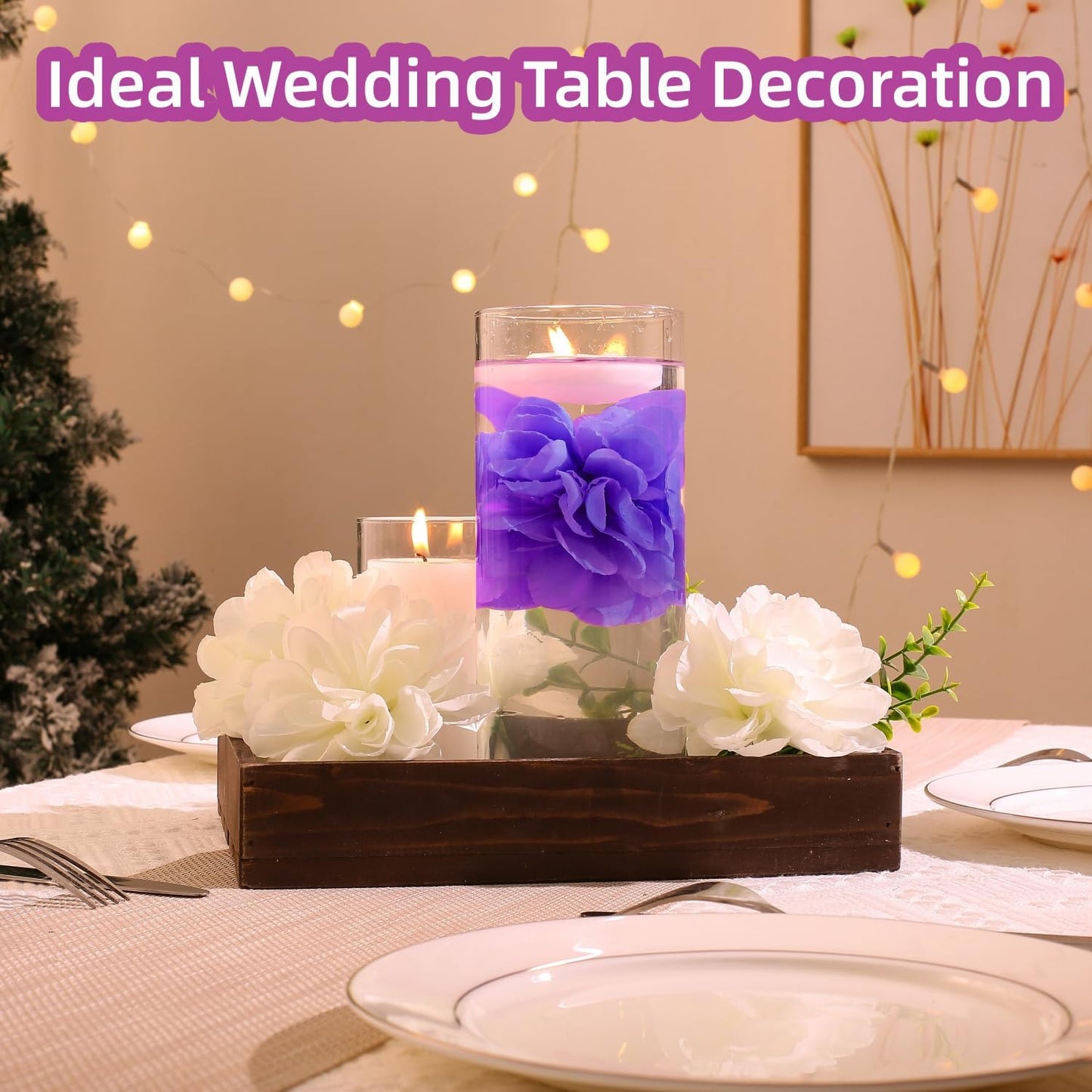 24 Pcs Floating Candles for Centerpieces and Floating Flowers Artificial Flowers Head Vase Filler for Party Home Table Wedding Centerpieces Decoration (Purple)