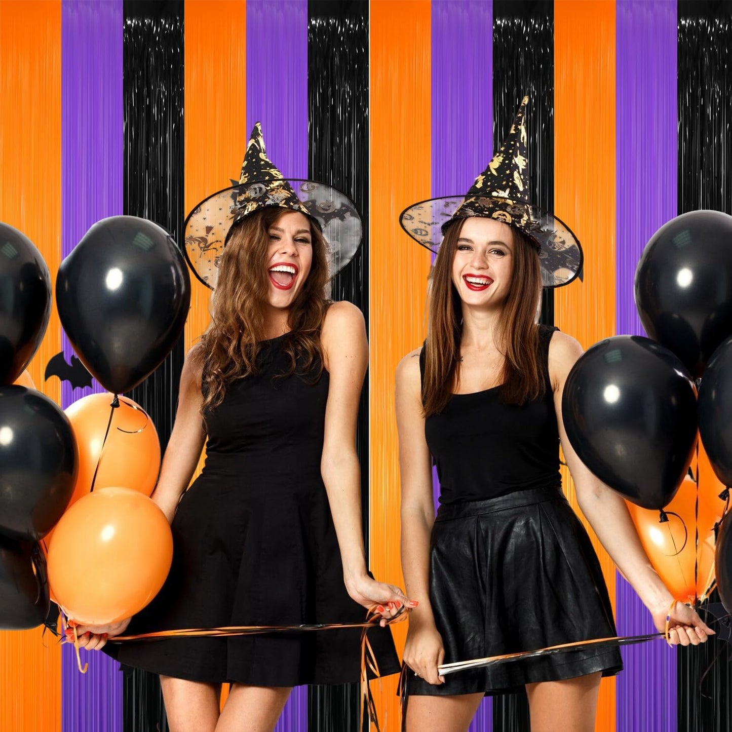 GOER 6.4 ft x 8.2 ft Metallic Tinsel Foil Fringe Party Backdrop for Halloween Birthday Graduation New Year's Party Decorations(2 Packs,Black&Orange&Purple)