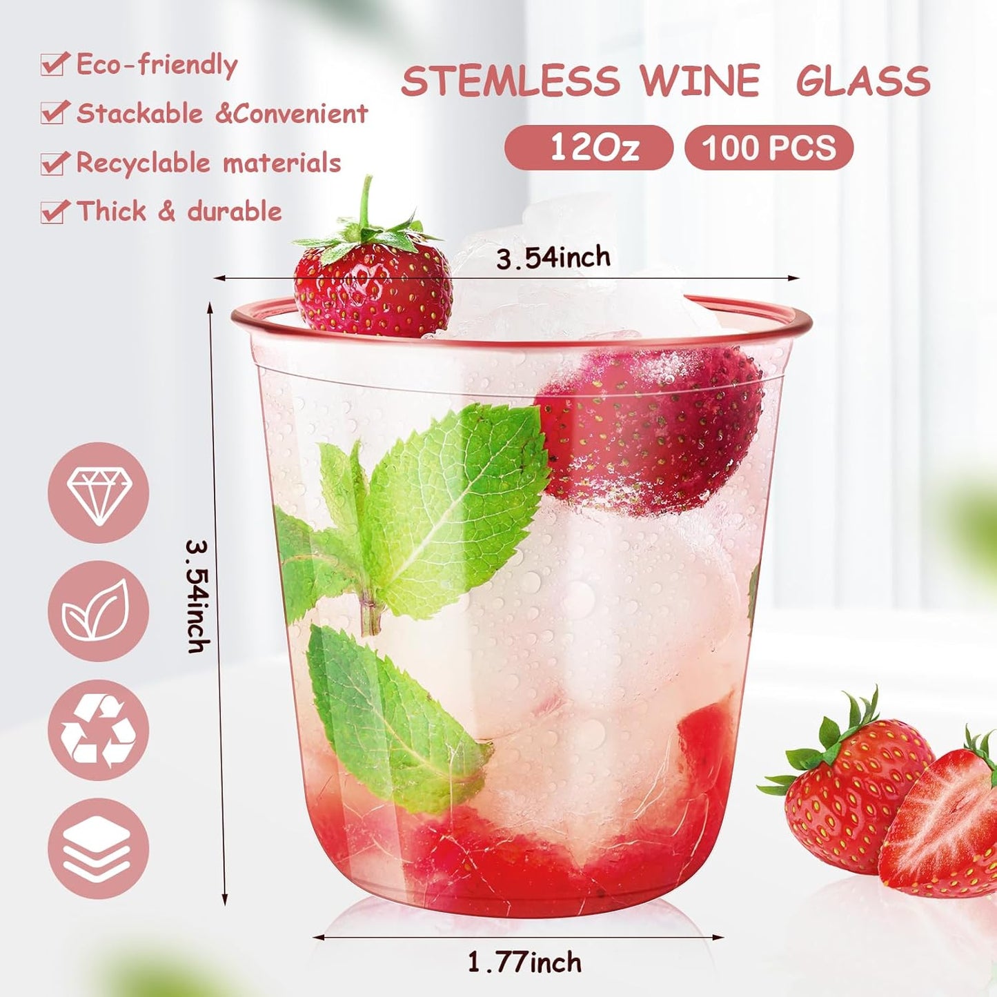 100 Pcs 12oz Crystal Pink Party Cups Disposable Plastic Cocktail Cups Plastic Wine Cups for Meeting Weddings Birthdays Cocktail Christmas Party Supplies (Pink,100 Pcs)