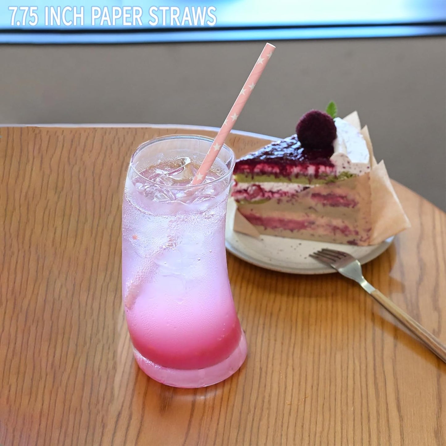 Pink Straws Disposable Biodegradable Star Paper Straws for Cocktail, Coffee, Juice, Lemonade, 100 Pack, 7.75" x 0.24"