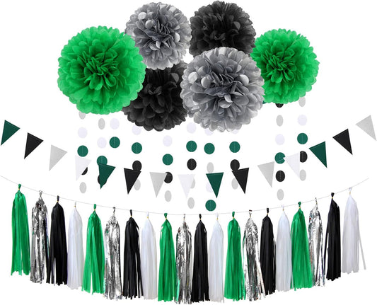 Black Green Silver Football Party-Decorations - 30pcs Soccer Graduation Streamers,Tissue Pom Poms,Tassel Garland Backdrop Men Boys Birthday Spring Sunmer Bunting Jungle theme Banner Lasting Surprise