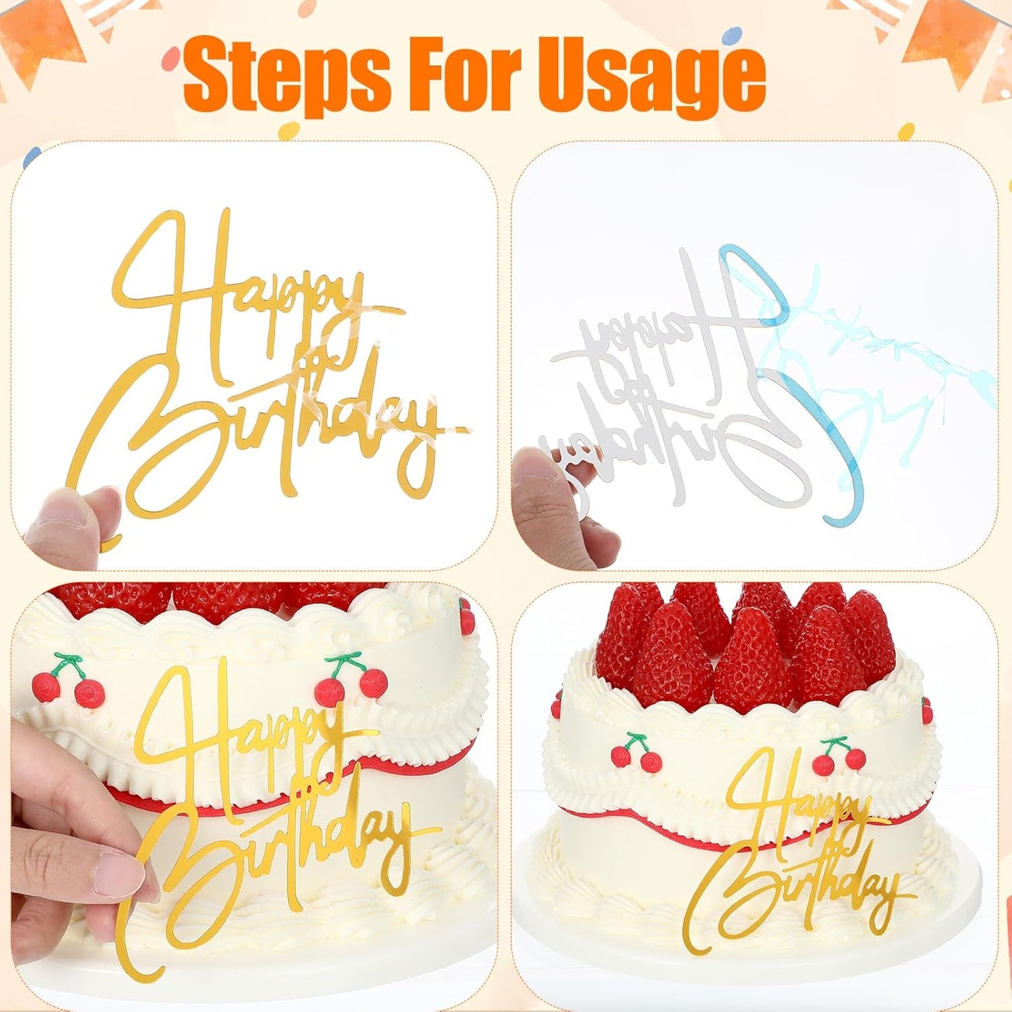 100 Pcs Happy Birthday Cake Toppers Mirror Acrylic Cupcake Topper Cupcake Decorations Happy Birthday Sign for Cake Side Inserts Decor Party Supplies 10 Style(Gold)