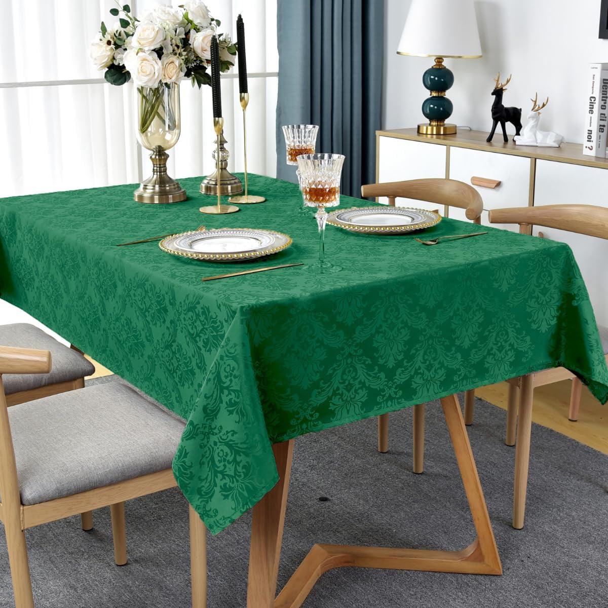 SASTYBALE Rectangle Jacquard Tablecloth, Damask Table Cloth SpillProof Wrinkle Resistant Tablecloths, Soft Polyester Oblong Table Cover for Kitchen, Dinner, Parties (Dark Green, 60X120)