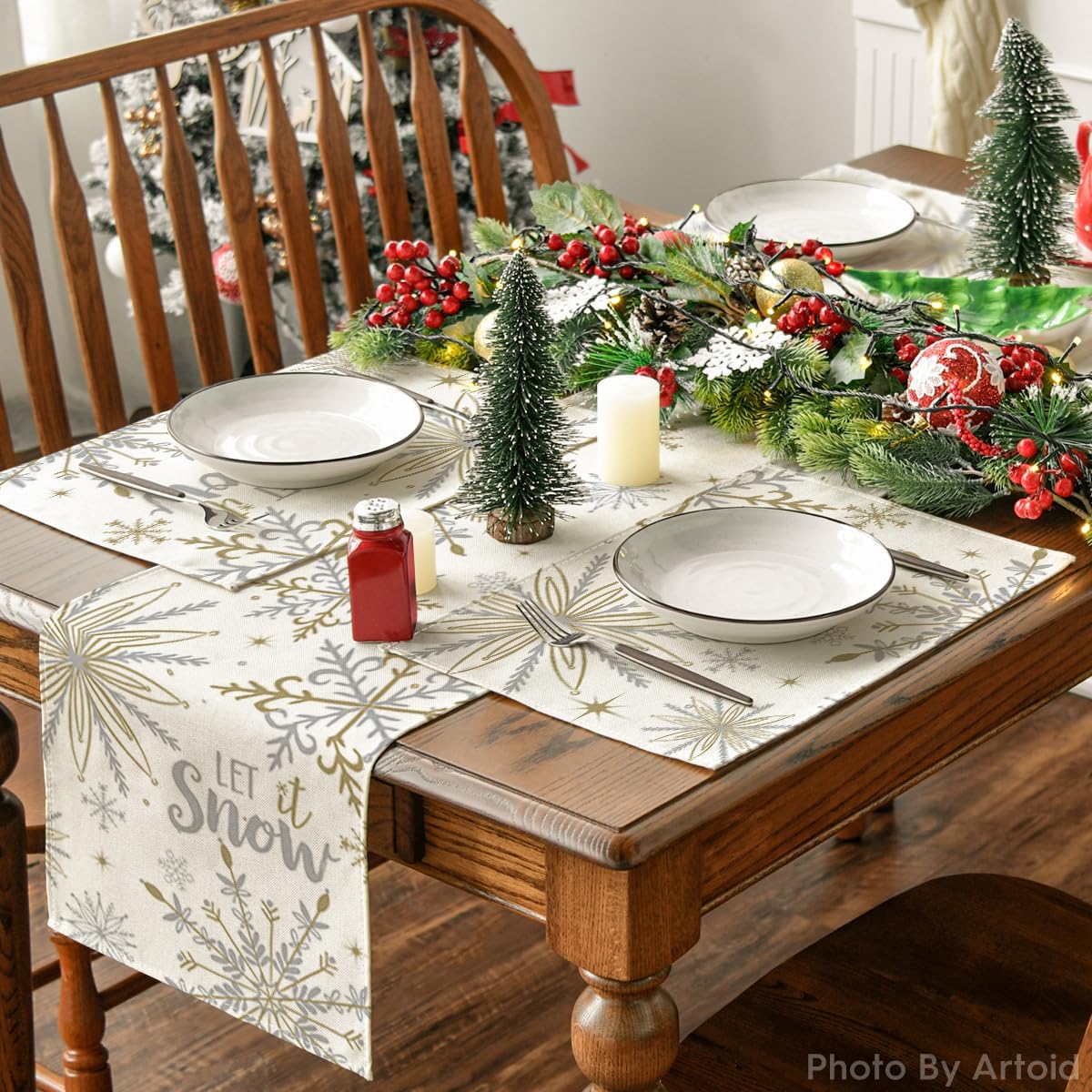 Artoid Mode Beige Snowflake Let It Snow Winter Placemats Set of 12, 12x18 Inch Seasonal Christmas Table Mats for Party Kitchen Dining Decoration