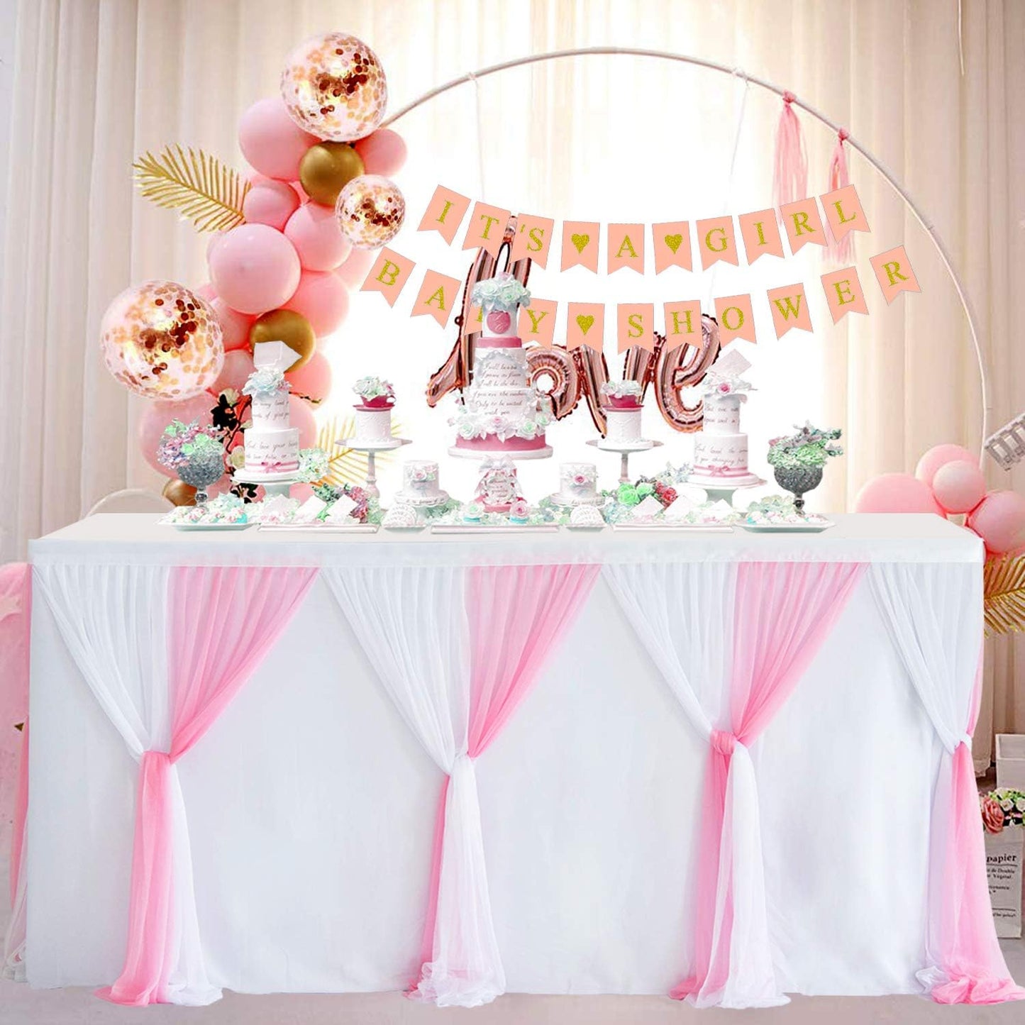 Suppromo 9ft Pink Tulle Table Skirts for Rectangle Tables or Round Tables Tutu Baby Shower Tablecloth Decorations for Girls Gender Reveal Elephant Birthday Party Decorations