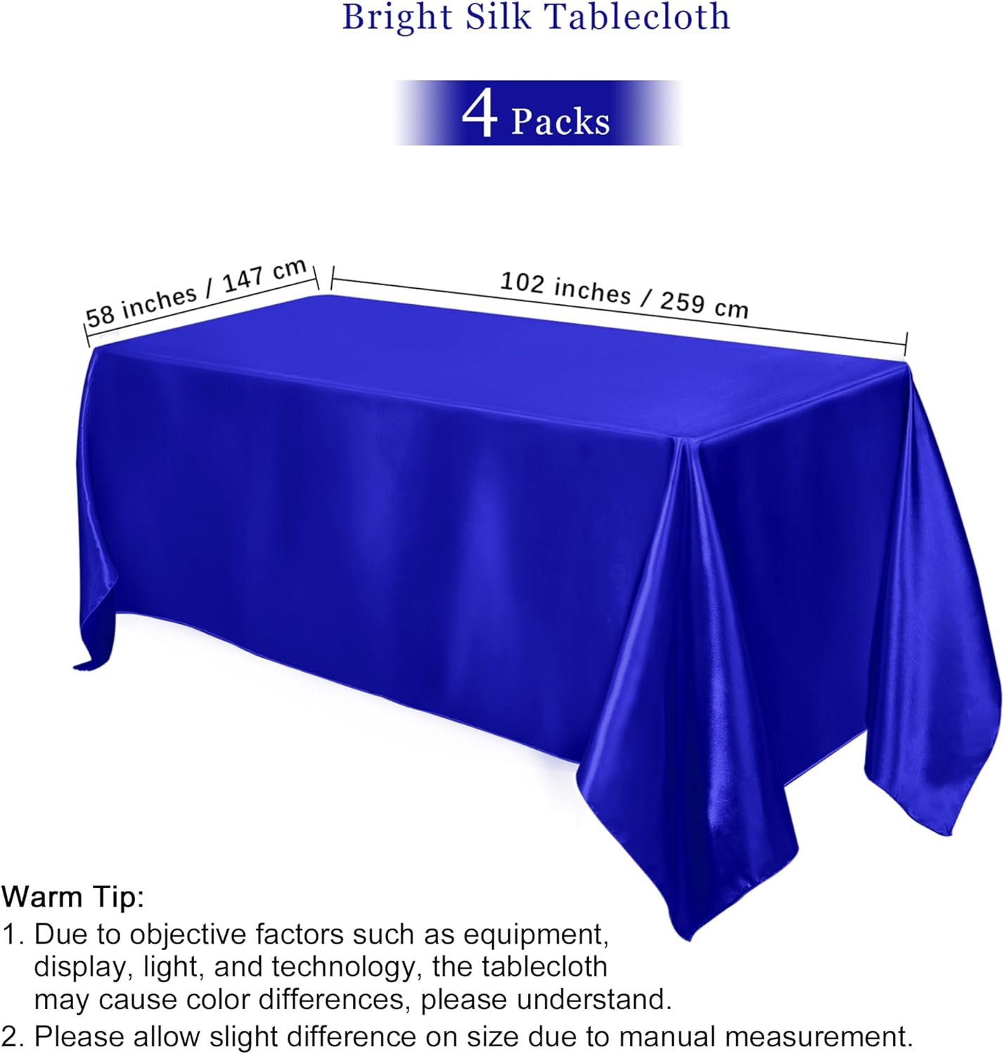 TURSTIN 4 Packs Satin Tablecloth 102 x 58 Inch Overlay Satin Table Cover Rectangle Bright Silk Tablecloth Smooth Fabric Table Decoration for Wedding Banquet Party Events, Royal Blue