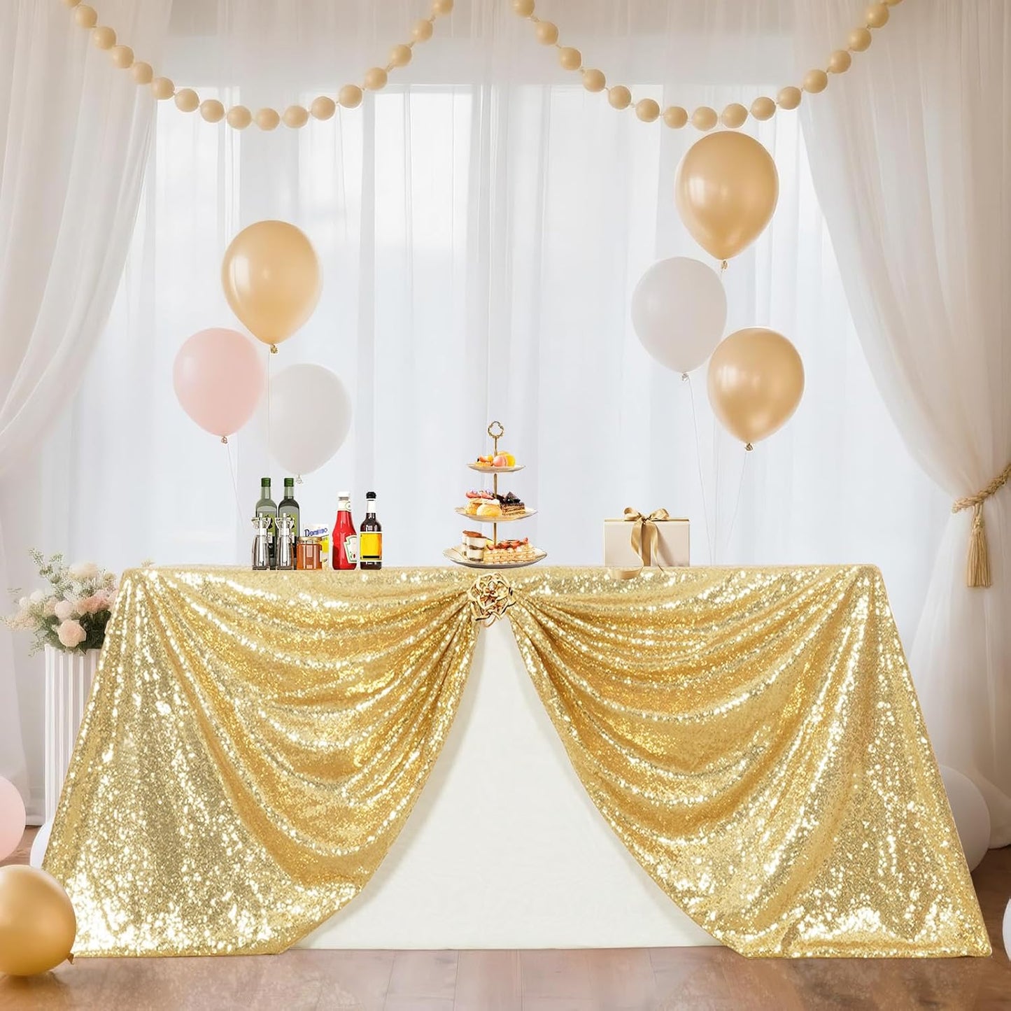 SquarePie Sequin Tablecloth 60 x 120 Inch Light Gold Reflect Lights Bling Sparkly Table Cloth for Wedding Party