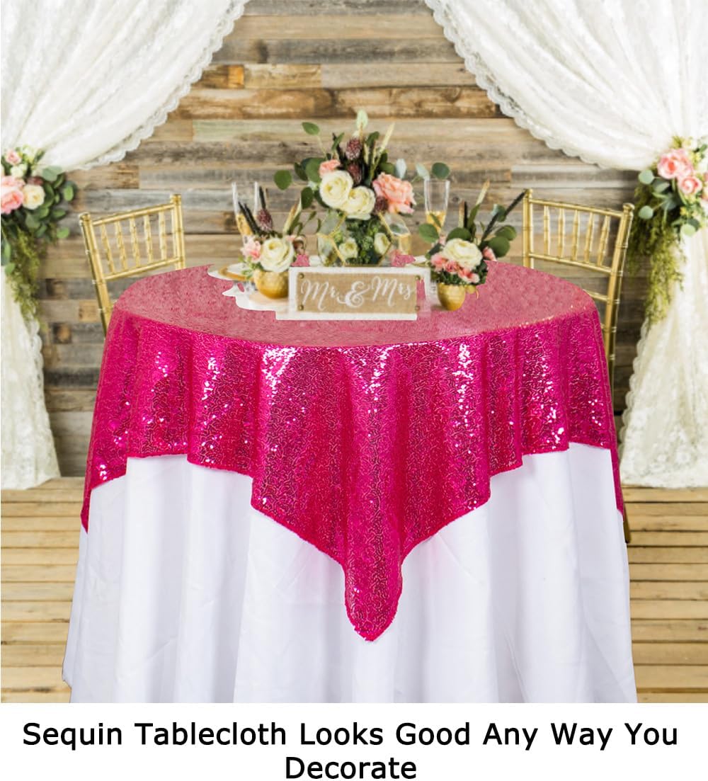 ShinyBeauty Hot Pink Tablecloths Square 36X36 Inch 2 Pieces Small Tablecloth for Party Sparkle Table Cloth Shimmer Overlay Linen Wedding Birthday Tables