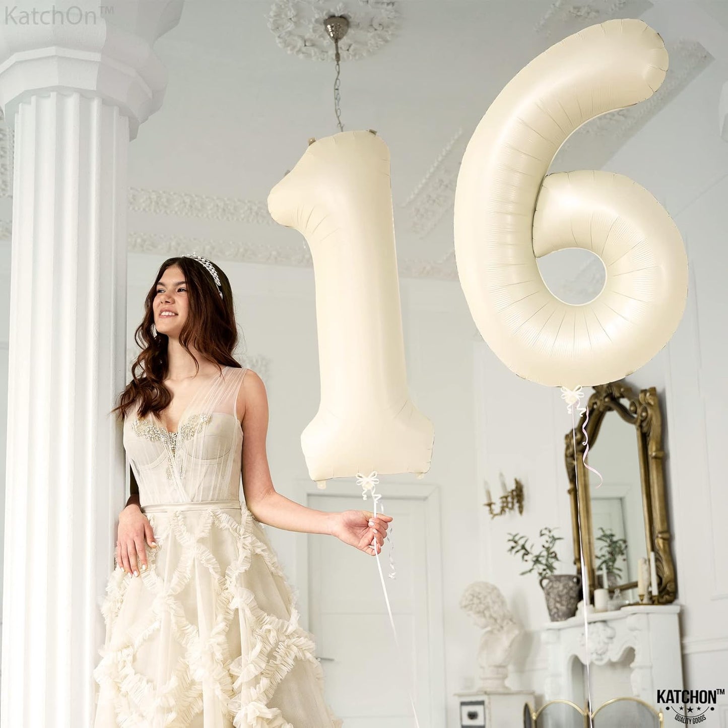 KatchOn, Cream 16 Balloon Numbers - Large, 40 Inch | 16 Birthday Balloons for Sweet 16 Party Decorations