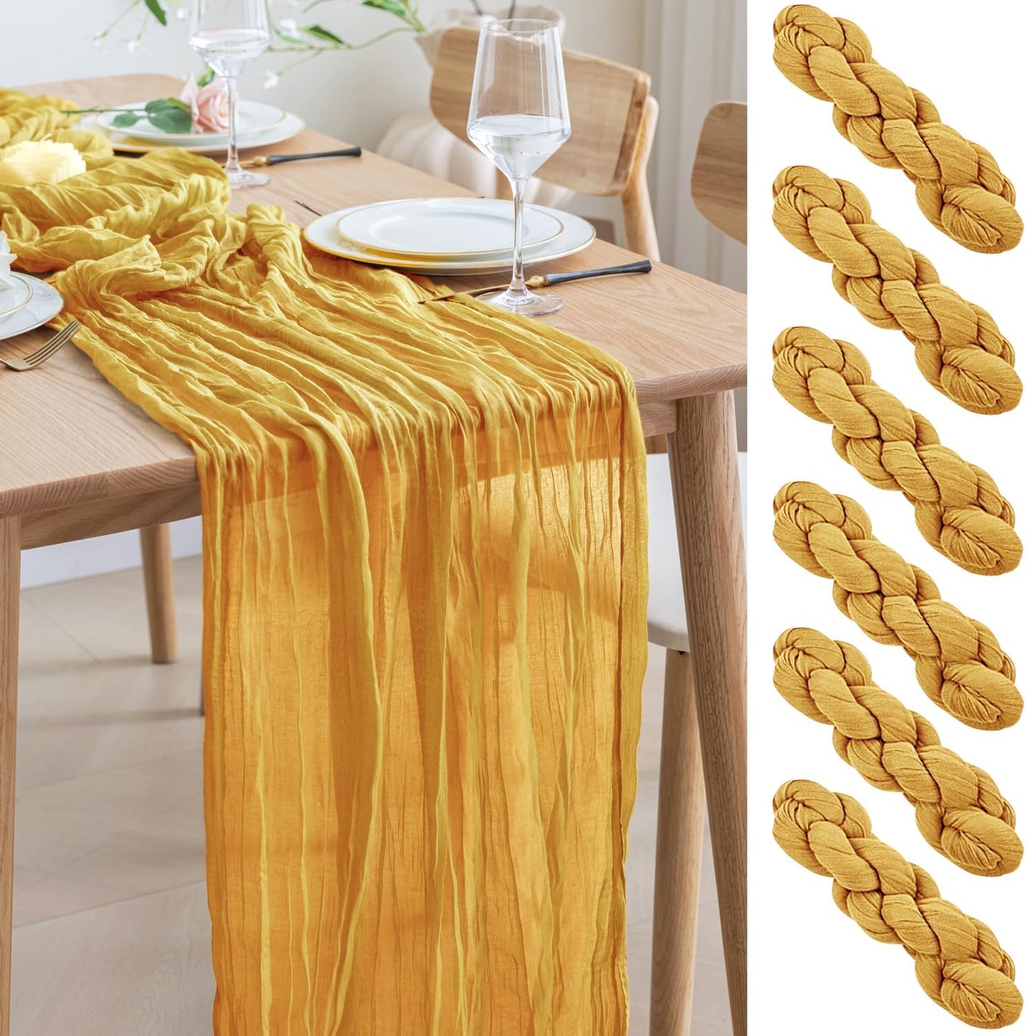 Asee'm 6pcs Cheesecloth Table Runner 120 Inches Long Gold Boho Gauze Cheese Cloth Runner 10FT Rustic Sheer Table Runners for Christmas Wedding Party Baby Shower Spring Easter Decoration