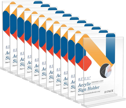 Relx 12 Pack Acrylic Sign Holder 8.5 x 11, Vertical T Shape Plastic Sign Holder with Base, Double-Sided Clear Tabletop Plexiglass Flyer Stands for Restaurant Office Store Home Picture Frame Display