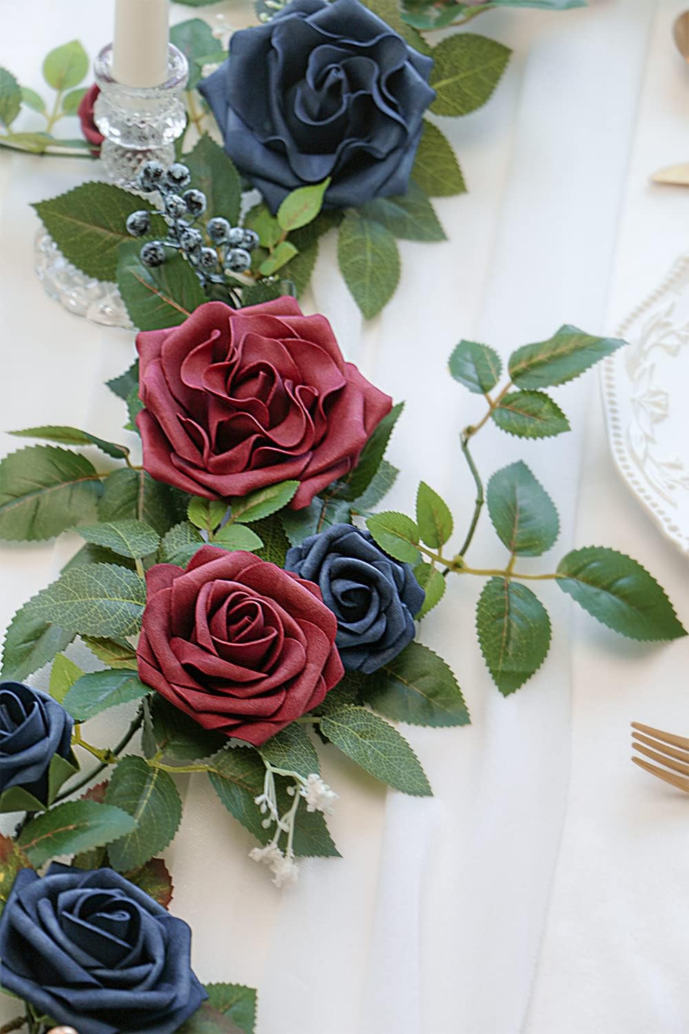 PONATIA 5FT Handcrafted Artificial Rose Flower Garland, Burgundy Flower Garland for Wedding Ceremony Garlands Backdrop Arch Flowers, Ceremony Reception Table Decorations (Burgundy & Navy)